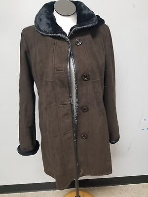 #ad Gallery Brown Black Faux Suede Fur Lined Button Up Hooded Coat Women#x27;s sz M^ $12.99