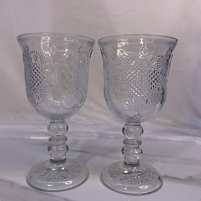 #ad 2 Large Vintage Fostoria Hearts and Diamonds Clear Glass Goblet Chalice 7quot; USA $12.00