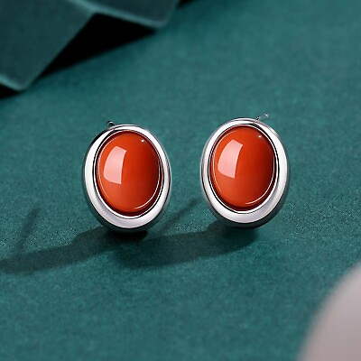 #ad S925 Sterling Silver Red Oval Agate 11x14mm Stud Earrings $30.27