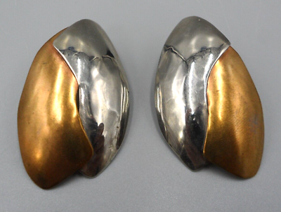 #ad Jon Signed Abstract Leaf Earrings Modernist Mixed Metal Copper Silver Tone 2quot; $29.95