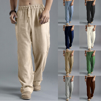 #ad Mens Cotton Linen Harem Pants Wide Leg Elastic Waist Loose Casual Long Trousers $20.23