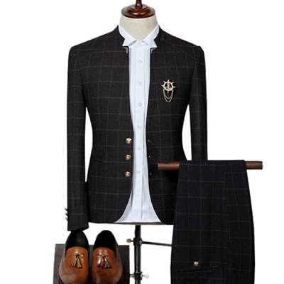 #ad Blazer Pants Stand Collar Men#x27;s Plaid Suit Set Party Dress Groomsman Suit $133.95