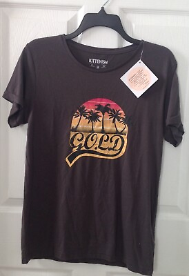 #ad NWT quot;Goldquot; Palm Tree Prints Kittenish T Shirt Tee Size Medium Short Sleeve Black $8.82