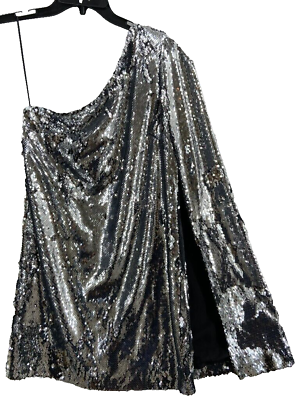 #ad Reiss Eva Dress Womens Size 6 Silver Sequin Cape Mini One Shoulder Cocktail $160.00