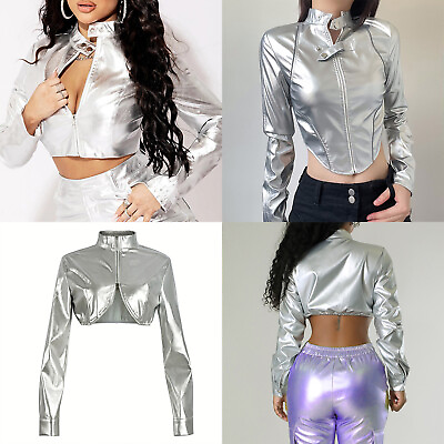 #ad Womens Crop Top Metallic Jackets Themed Party Coat PU Leather Dancewear Shiny $8.27