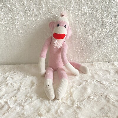 #ad Ozark Mountain Kids Sock Monkey Plush Stuffed Animal 20” Toy Pom Poms Pink Ivory $12.36