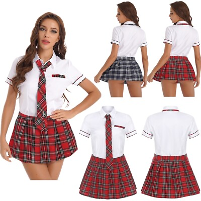 #ad Women School Girl Outfit Cosplay Uniform Short Sleeve Shirt Plaid Skirt with Tie $16.27