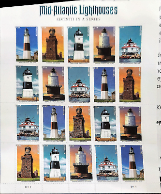 #ad Sheet of 20 quot;Mid Atlantic Lighthousesquot; First Class Stamps Face Value $13.60 $9.49