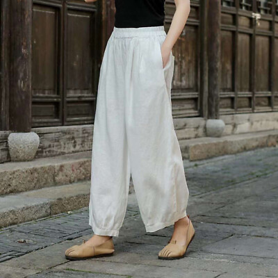 #ad Linen Solid Color Women Cropped Trousers Loose Women Retro Casual Bloomers Pants $46.47