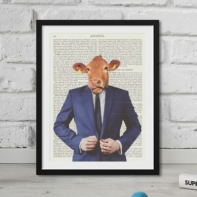 #ad Cow In A Suit Print Hipster Animal Head Printed Onto Vintage Dictionary Paper GBP 6.49