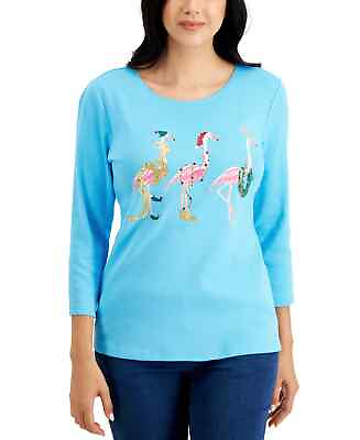 #ad Karen Scott Women#x27;s Large Clear Skies Blue Three Flamingos Scoop Neck Top $25.46
