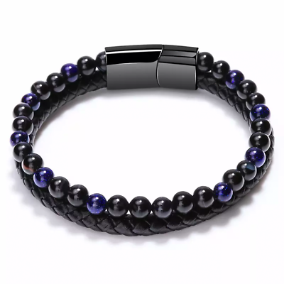 #ad #ad Natural Stone Blue Sandstone Black Onyx Leather Beaded Bracelet 2 pc Men#x27;s $12.99