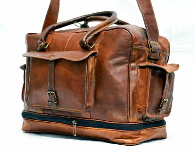 #ad Vintage Brown Leather Luggage Double Expandable Duffle Gym Overnight Weekend Bag $69.82