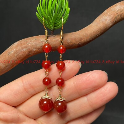#ad 4mm10mm Natural Red Agate Round Gemstone Beads Gold Hook Earrings Jewelry $2.99