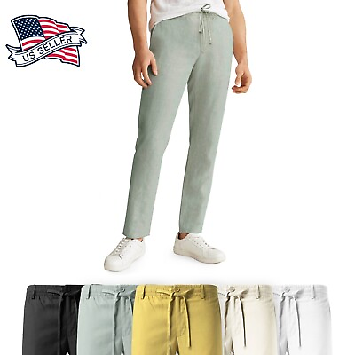 #ad Mens Premium Soft Linen Pants Wrinkle Resistant Flat Front Classic Slacks $23.99
