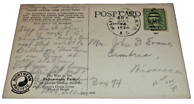 #ad JUNE 1924 NORTHERN PACIFIC COMPANY POST CARD MILES CITY amp; SPOKANE RPO TRAIN #4 $25.00