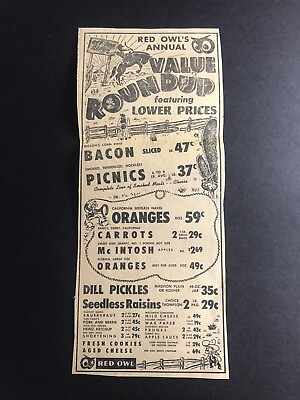 #ad 1950’s Red Owl Grocery Store “Rodeo Roundup” Newspaper Print Ad $14.99