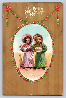 #ad J93 Valentine#x27;s Day Love Holiday Postcard c1910 Children Gold 412 $8.00