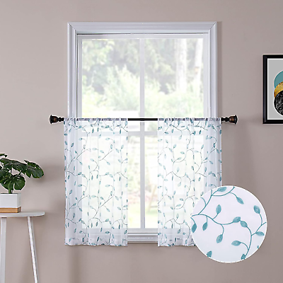 #ad Tollpiz Leaves Sheer Tier Curtain Teal Blue Leaf Embroidery Kitchen Half Curtain $37.70