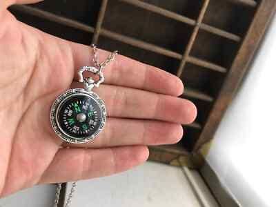 #ad Antique Pendant Compass Victorian Engraved Enamel Necklace Vintage $46.31