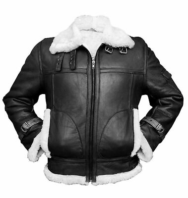 #ad Men#x27;s B3 Bomber Black Real White Fur Lambskin Genuine Bomber Leather Jacket 2024 AU $239.99