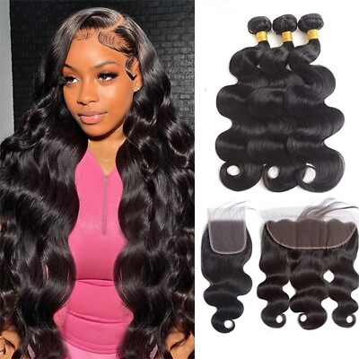 #ad Brazilian Body Wave Bundles With Lace Closure Lace Frontal Human Hair Extensions $81.85