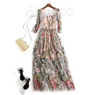 #ad Women Cotton Dress Embroidered Lace Sheer Mesh Floral Long Party Dress $29.39