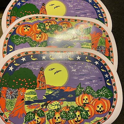 #ad Vintage Halloween Placemats Pumpkin Patch Glow In Dark Set Of 4 Sultans Linens $27.99