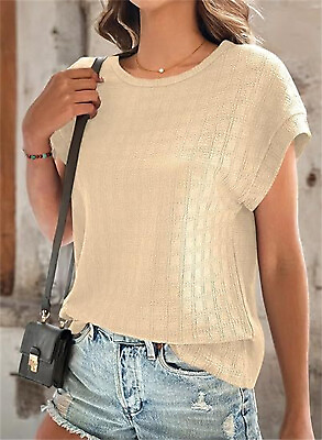 #ad Women Tops Trendy Summer Cap Short Sleeve Textured Round Neck T Shirts Blouse $28.49