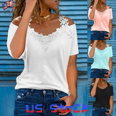 #ad Plus Size Womens Lace V Neck T Shirt Tops Ladies Summer Short Sleeve Blouse Tee $17.39