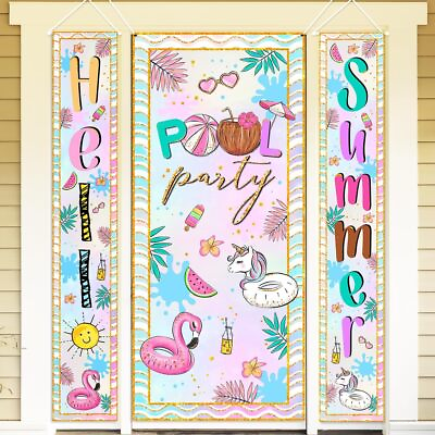 #ad Hello Summer Pool Party Decorations 3PCS Hanging Banners amp; Backdrop Set Idea $27.38