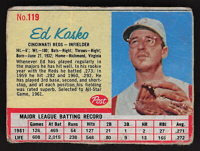 #ad Eddie Kasko 1962 Post Cereal #119 Cincinnati Reds Handcut PR CR PL 0507 $2.49