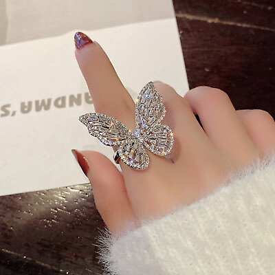 #ad Women Micro Inlaid Zircon Butterfly Open Ring Exaggerated Large Jewelry Ring $8.49