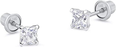 #ad Princess Diamond Baby Child Stud Screw back Earrings in Solid 14k White gold $47.45