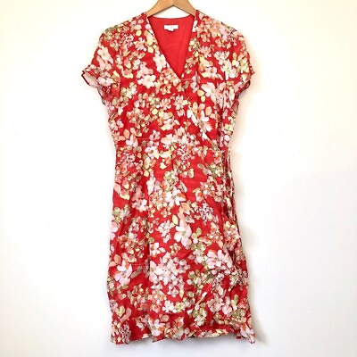#ad J. JILL Ruffle Trim Floral Wrap Dress Red Multi Stripe Floral Faux Wrap Small S $29.99