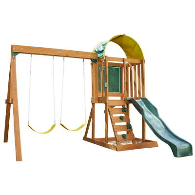 #ad Kids Outdoor Wooden Swing Set with Slide Backyard Playground Climb Wall Playset $355.13