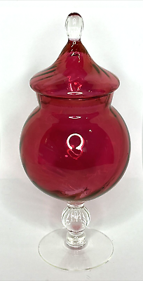 #ad VTG Empoli Cranberry Red Optic Glass Apothecary Jar Clear Foot Circus Tent FLASH $48.00