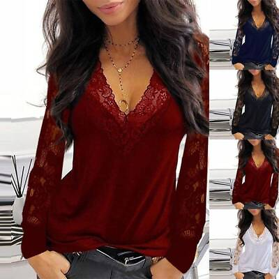 #ad Womens Lace V Neck Tops Long Sleeve Blouse Ladies Casual Loose Pullover T shirt $16.73