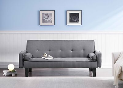 #ad Modern 72quot; living room convertible dark grey cotton linen sofa bed w 2 pillows $277.35