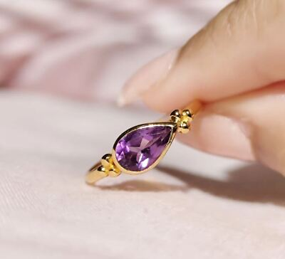 #ad Natural Amethyst Pear Ring in 925 Sterling Silver Gold Plated Best Gift Ring $29.50