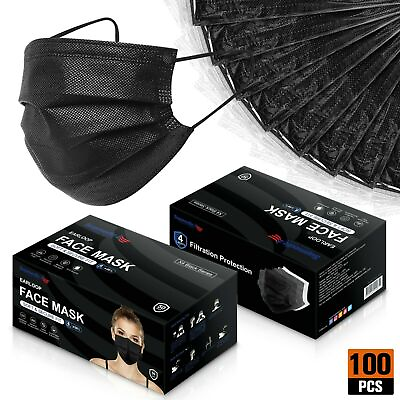 #ad 100 50 PCS Black Protective 3 Layer Face Mask Respirator Disposable Masks BFE98% $9.80