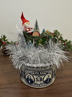 #ad Vintage Kitsch Christmas Holiday Decor Smith Bros. Cough Drops Tin Santa Sleigh $45.00