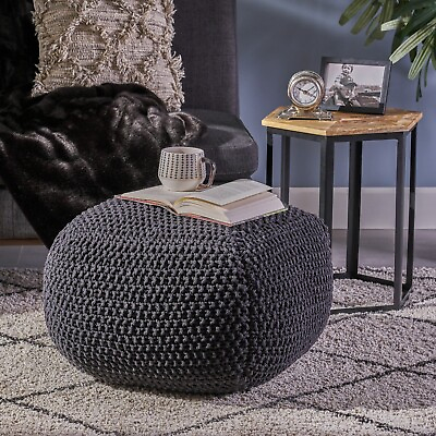 #ad Joyce Knitted Cotton Square Pouf Dark Grey $81.65