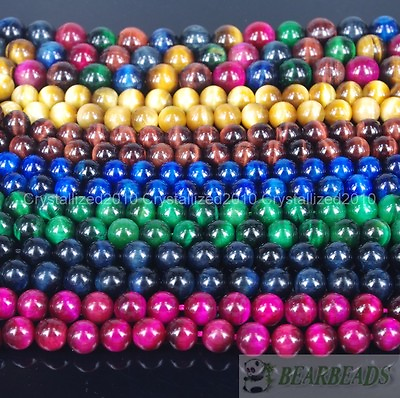 #ad Natural Tiger#x27;s Eye Gemstone Round Beads Red Gold Green Pink Assorted Pick 15.5quot; $15.83