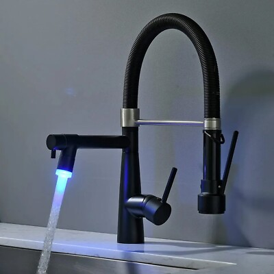 #ad Commercial Black LED Kitchen Sink Faucet Pull Down Sprayer Single Hole Mixer Tap $69.00