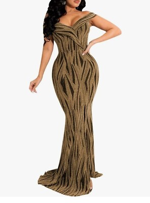 #ad MAYFASEY Women#x27;s Sexy Off The Shoulder Evening Gown Long Dress Gold Size Small $22.49