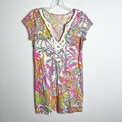 #ad Lilly Pulitzer Women Medium Pink Blue Embroidered Sheath Short Sleeve Sea Dress $39.99