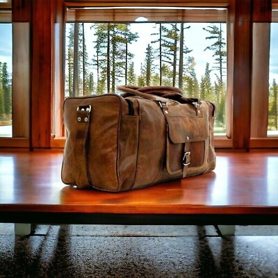 #ad Men#x27;s Leather Gym Travel Luggage Duffel Genuine 24#x27;#x27; Vintage Brown Bag $55.10