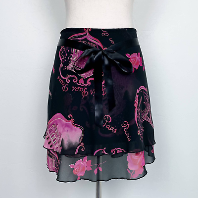 #ad Vintage 90#x27;s Paris Eiffel Tower Satin Bow Chiffon Mini Skirt $34.00