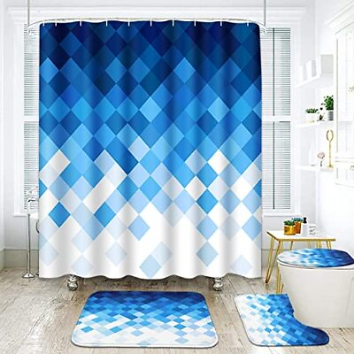 #ad Geometric Blue Grid Triangle Abstract Bathroom Sets with Shower Curtain and R... $33.36